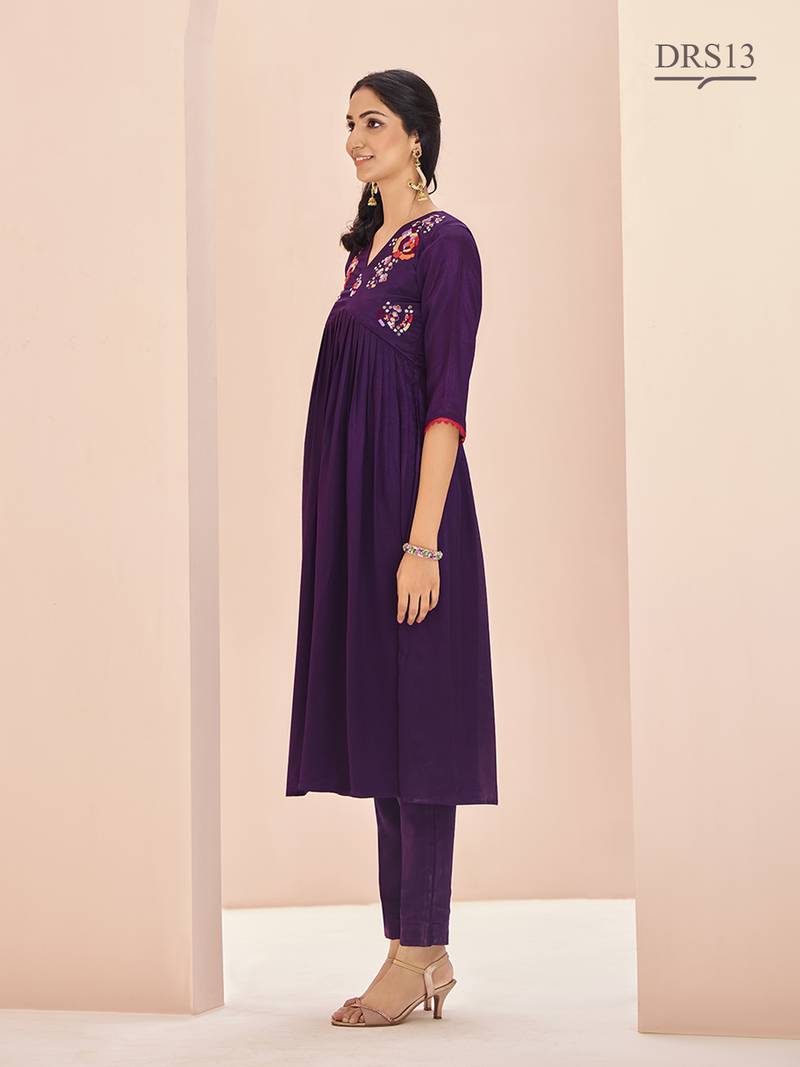 Wine hand work embroidered kurta set