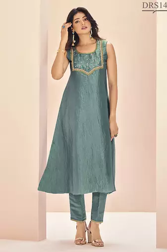 Aqua hand work sleeveless kurta set