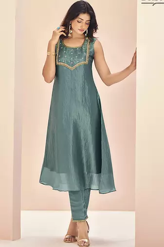 Aqua hand work sleeveless kurta set