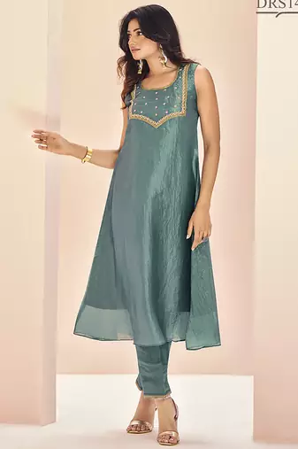 Aqua hand work sleeveless kurta set