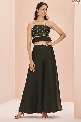Classic black hand work crop top palazzo set