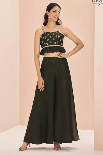 Classic black hand work crop top palazzo set