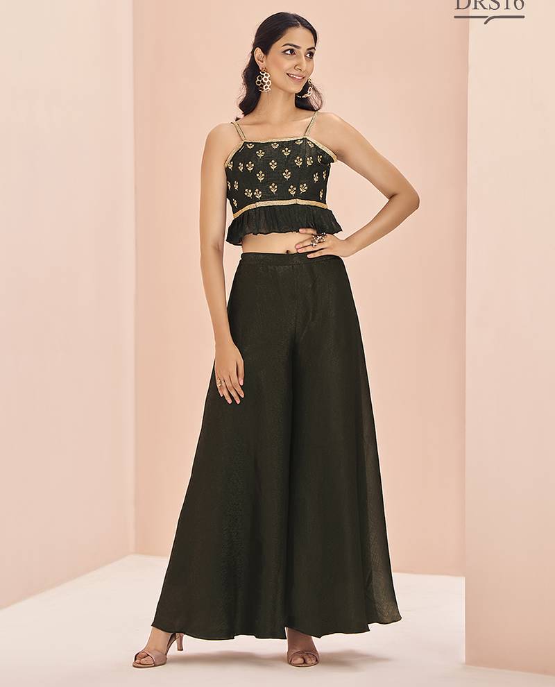 Classic black hand work crop top palazzo set