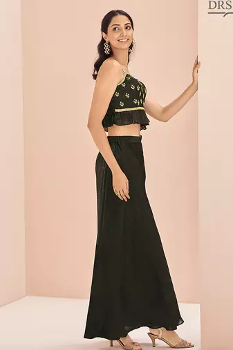 Classic black hand work crop top palazzo set