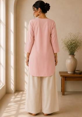 Pink cotton plain casual kurta set for women 2