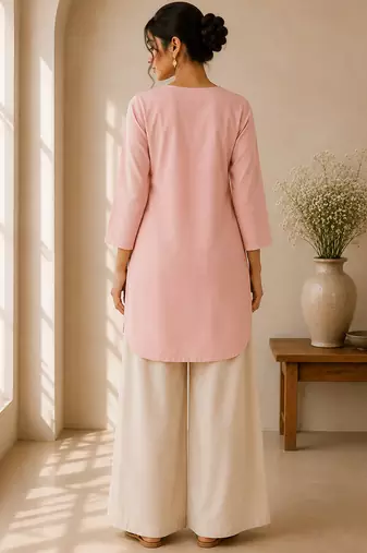 Pink cotton plain casual kurta set for women