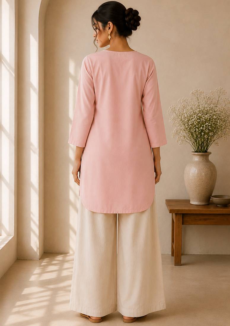Pink cotton plain casual kurta set for women