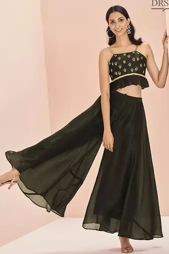 Classic black hand work crop top palazzo set