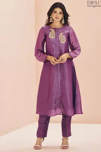 Purple hand work embellished kurta set