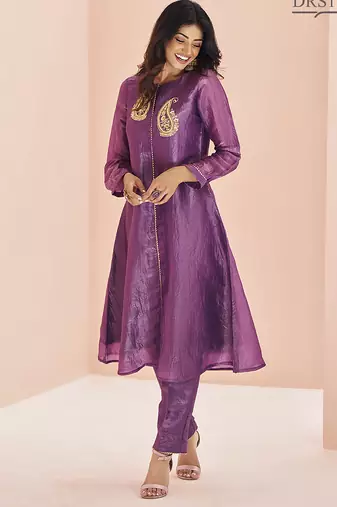 Purple hand work embellished kurta set