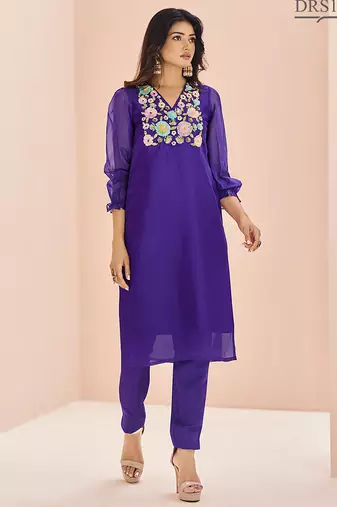 Purple floral hand work kurta set