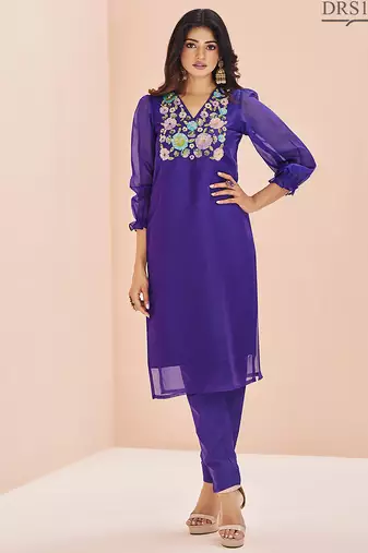Purple floral hand work kurta set