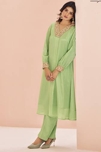 Green hand work embellished kurta set