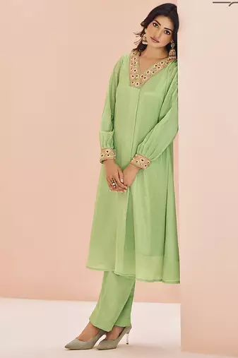 Green hand work embellished kurta set