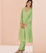 Green hand work embellished kurta set