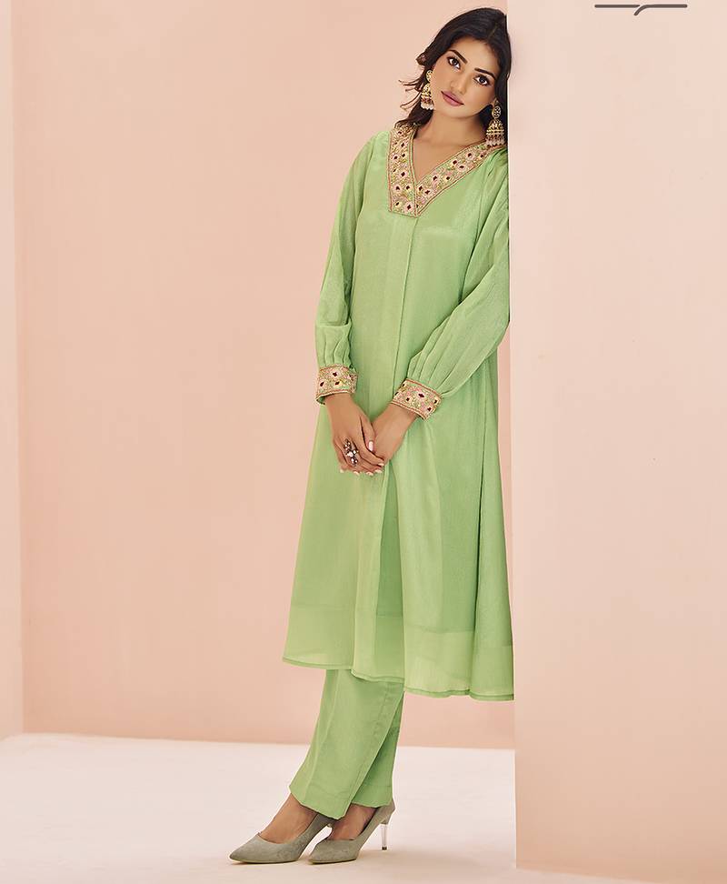 Green hand work embellished kurta set