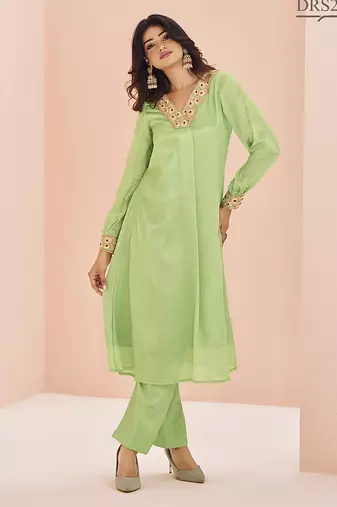 Green hand work embellished kurta set