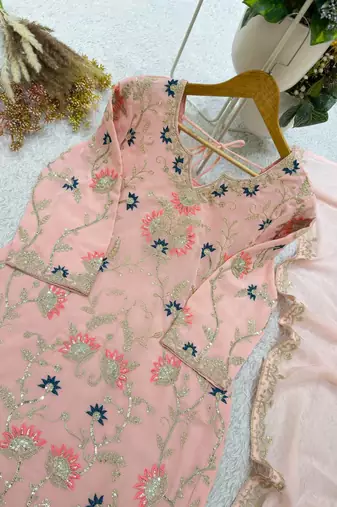 baby pink color cording embroidery and sequences work georgette salwar suit