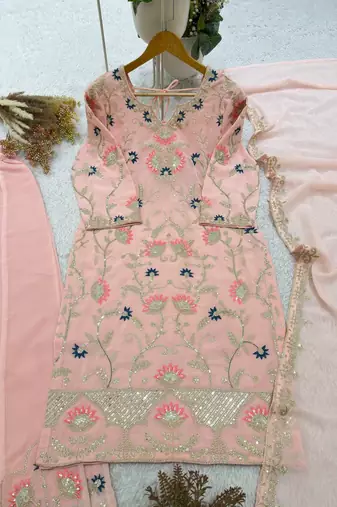 baby pink color cording embroidery and sequences work georgette salwar suit