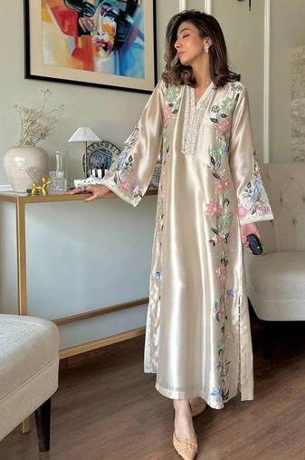 Off White Color Embroidery And Sequence Work Silk Blend Kaftan Salwar Suite