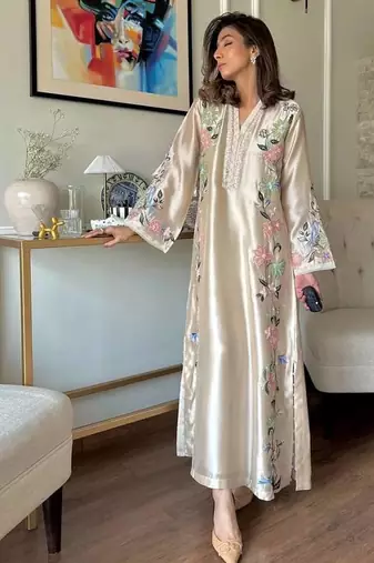 Off White Color Embroidery And Sequence Work Silk Blend Kaftan Salwar Suite