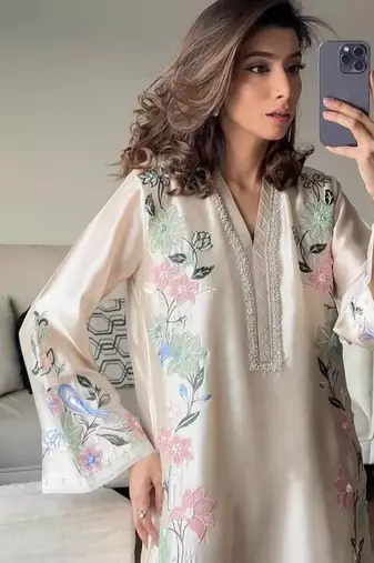 Off White Color Embroidery And Sequence Work Silk Blend Kaftan Salwar Suite