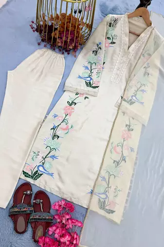 Off White Color Embroidery And Sequence Work Silk Blend Kaftan Salwar Suite