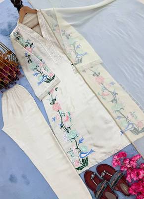 Off White Color Embroidery And Sequence Work Silk Blend Kaftan Salwar Suite 4