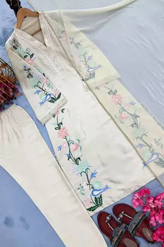 Off White Color Embroidery And Sequence Work Silk Blend Kaftan Salwar Suite