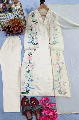 Off White Color Embroidery And Sequence Work Silk Blend Kaftan Salwar Suite