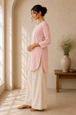 Pink cotton plain casual kurta set for women 3