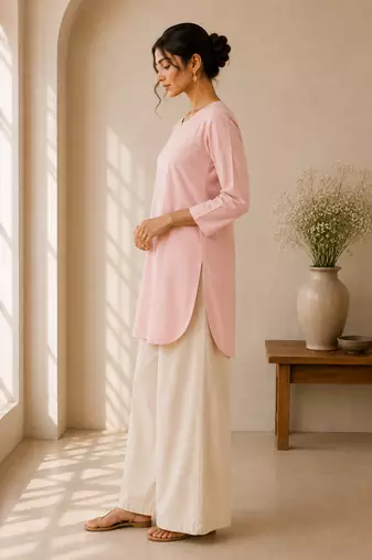 Pink cotton plain casual kurta set for women