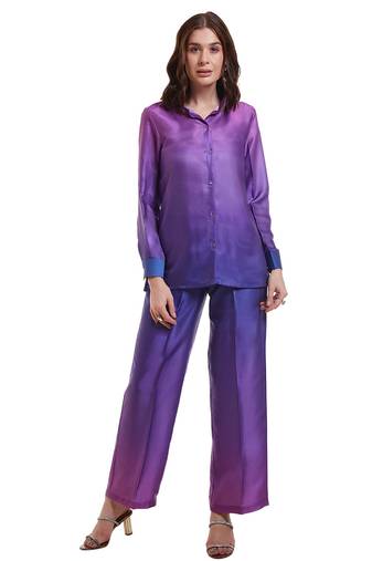 Purple gradient button-down pants set