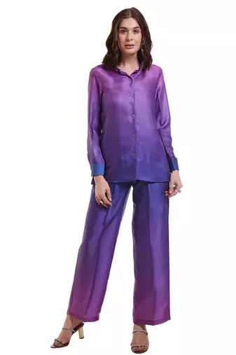 Purple gradient button-down pants set