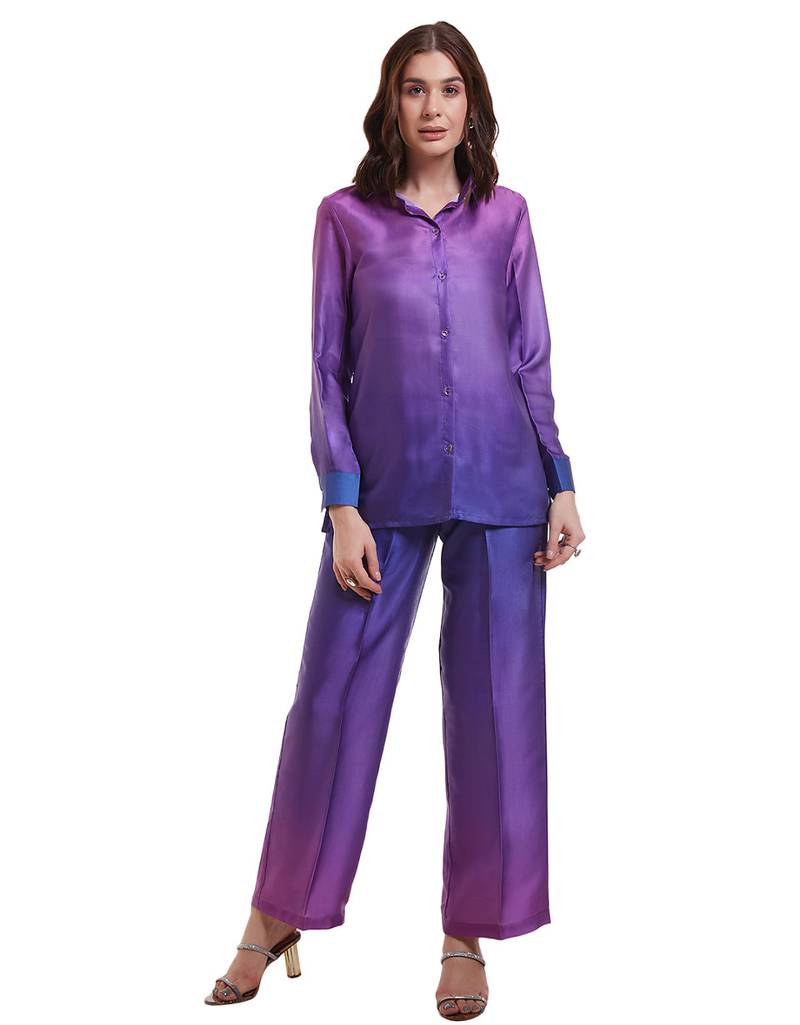Purple gradient button-down pants set