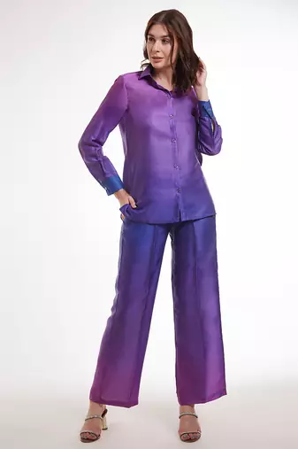 Purple gradient button-down pants set