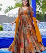 Multicolor rayon digital print anarkali gown with dupatta set