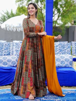 Multicolor rayon digital print anarkali gown with dupatta set 2