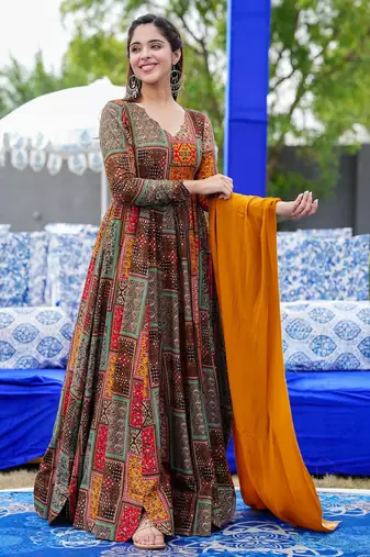 Multicolor rayon digital print anarkali gown with dupatta set