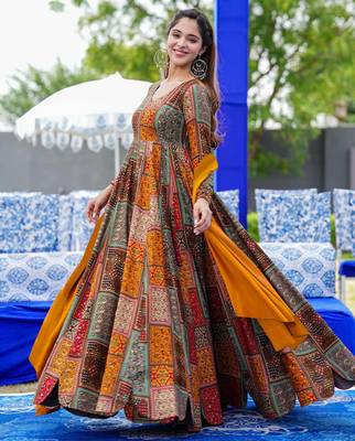 Multicolor rayon digital print anarkali gown with dupatta set 3