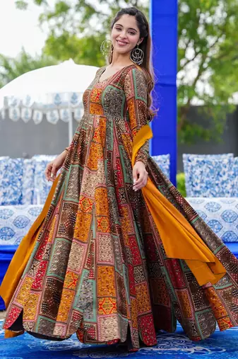 Multicolor rayon digital print anarkali gown with dupatta set