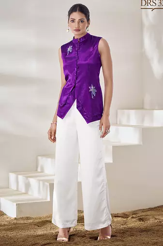 Purple hand-embroidered gaji silk top