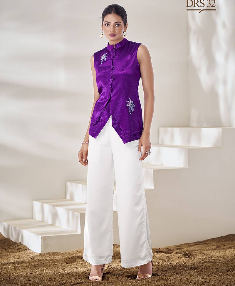 Purple hand-embroidered gaji silk top