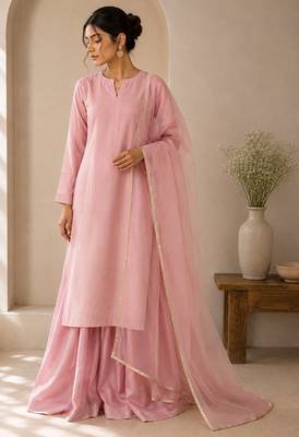 Pink cotton plain casual kurta set with dupatta for women 1