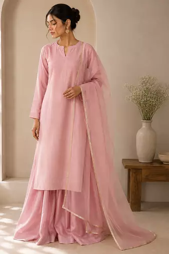 Pink cotton plain casual kurta set with dupatta for women
