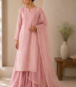 Pink cotton plain casual kurta set with dupatta for women