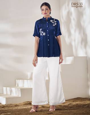Blue floral hand work silk top 1