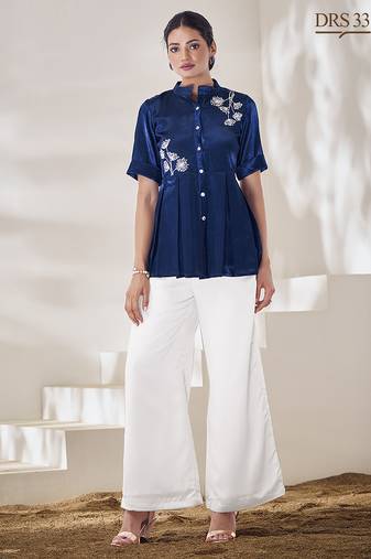 Blue floral hand work silk top