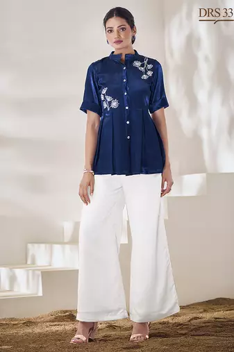 Blue floral hand work silk top
