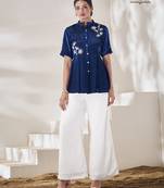 Blue floral hand work silk top